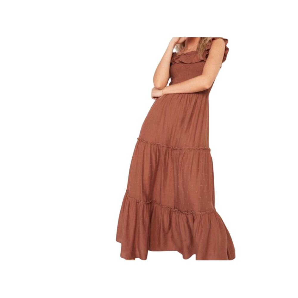 Old Navy Brown terracotta Tiered Maxi Dress smocked bodice and ruffled neckline